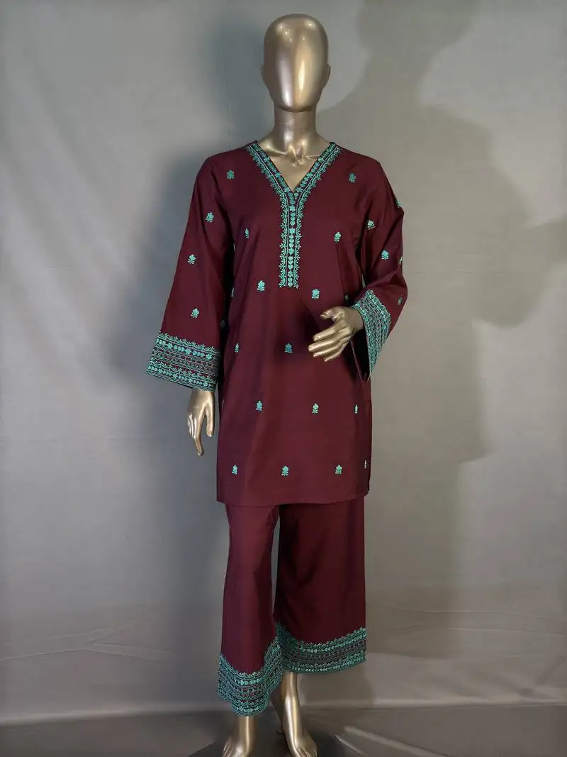 wine embroidered kurta set
