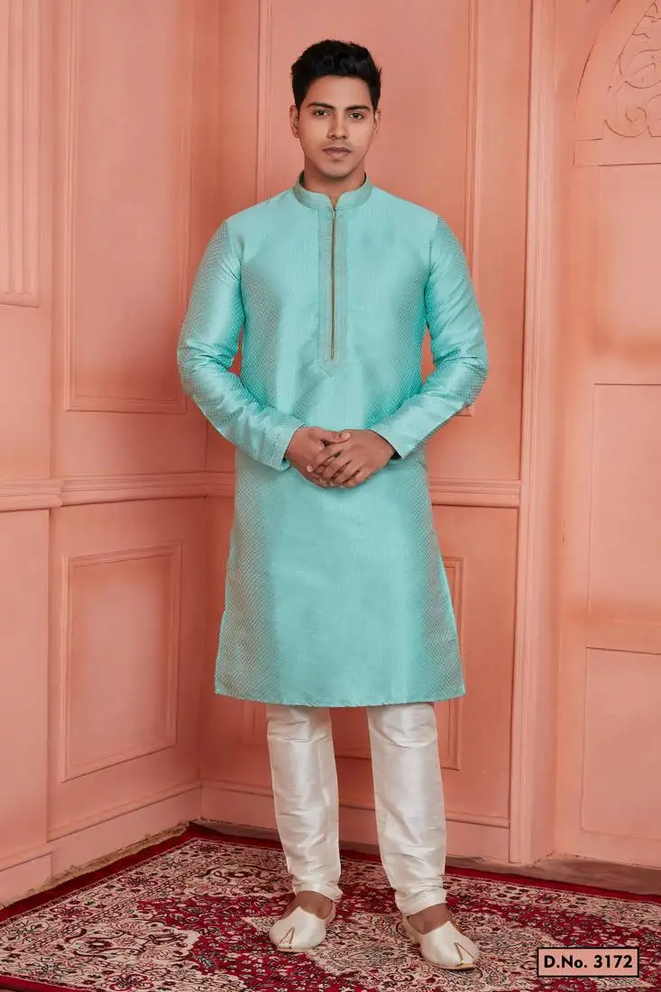 Men cyan jacquard silk brocade pintux straight kurta