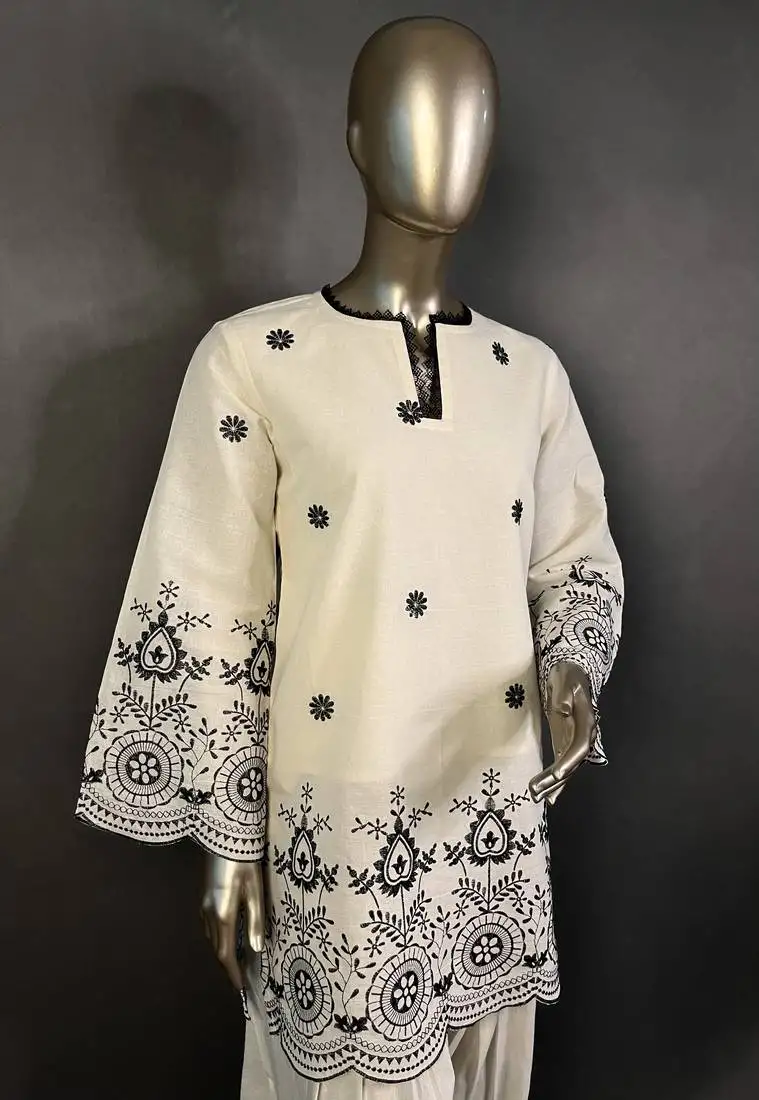 Off white kora cotton embroidered kurta set