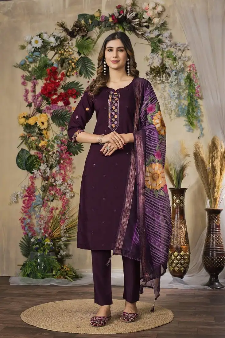 Wine colour embroidered work roman silk kurta set for women