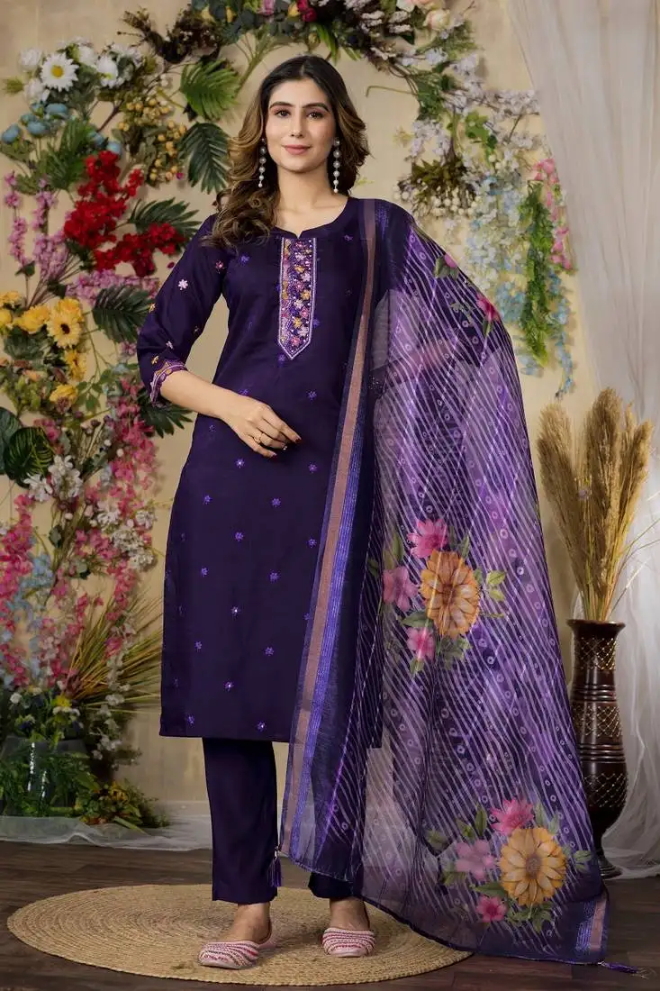 Purple colour embroidered work roman silk kurta set for women