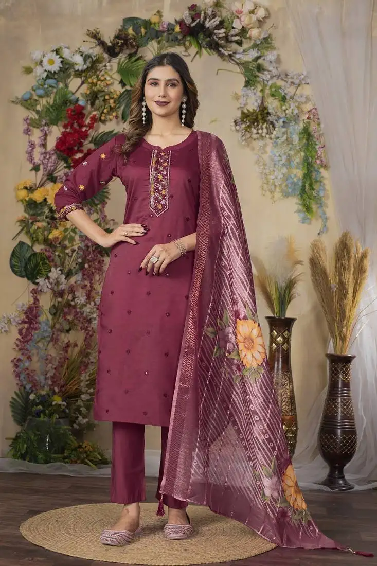 Pink colour embroidered work roman silk kurta set for women