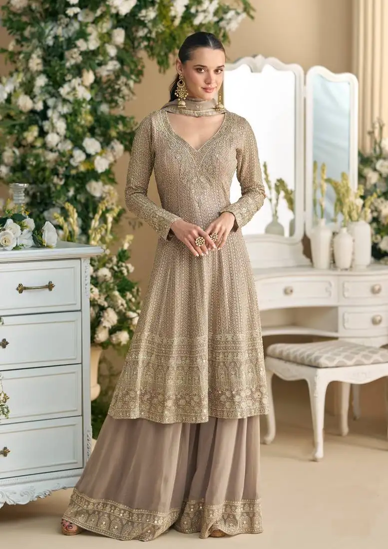 Beigh embroidered georgette palazzo style salwar suit semi stitched