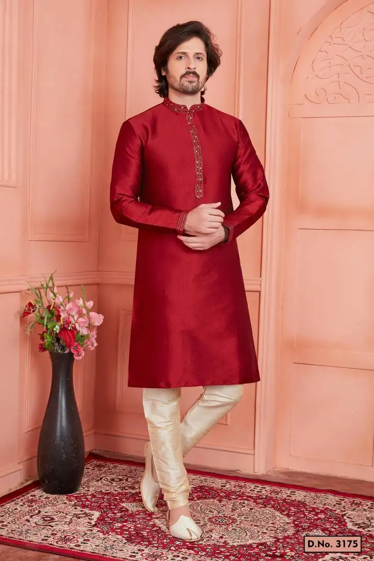 Men maroon jacquard silk brocade pintux straight kurta