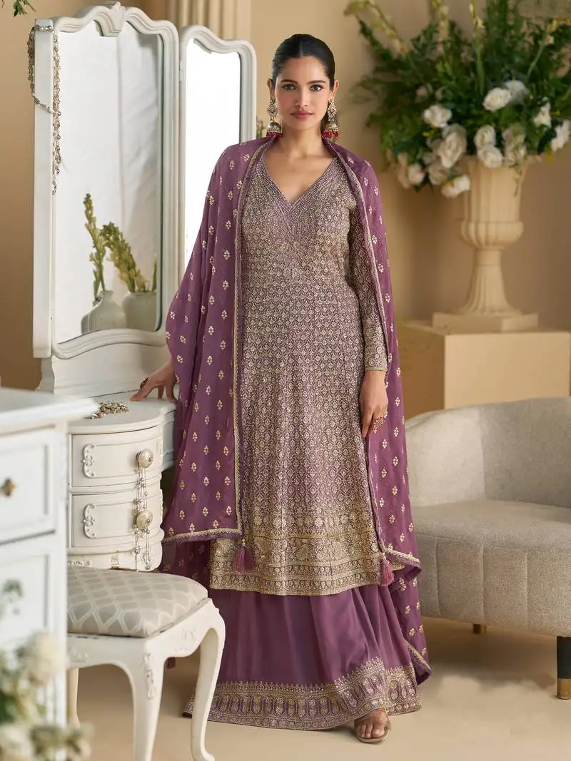 Purple embroidered georgette palazzo style salwar suit semi stitched