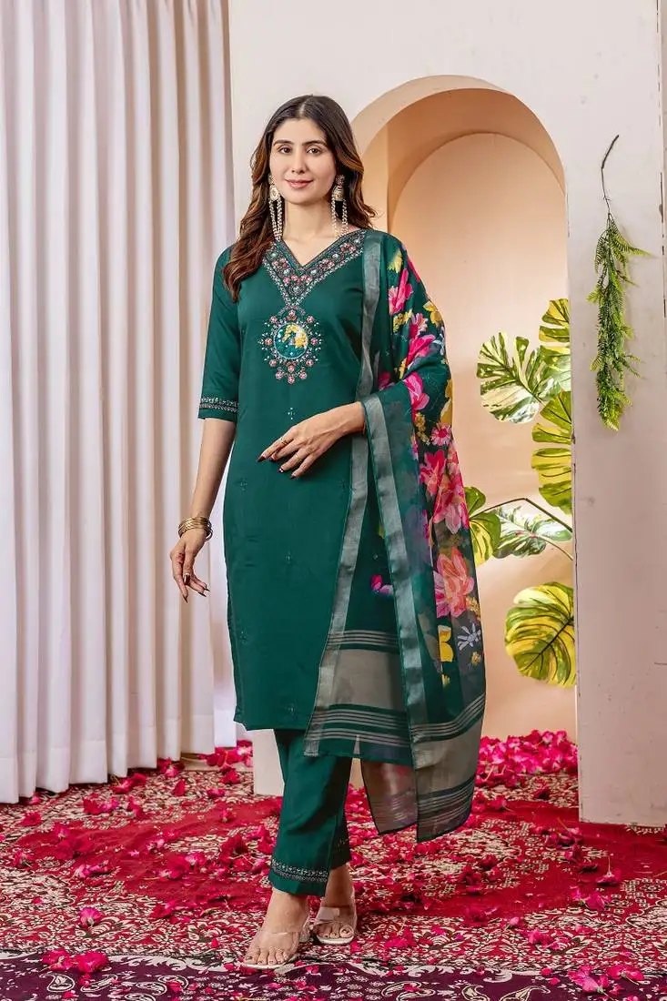 Teal colour embroidered work roman silk kurta set for women