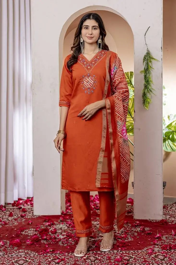 Orange colour embroidered work roman silk kurta set for women