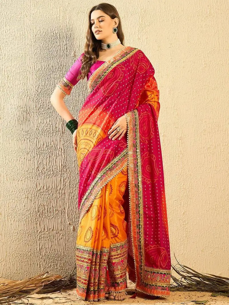Pink bandhani saree with lace border and unstitched blouse