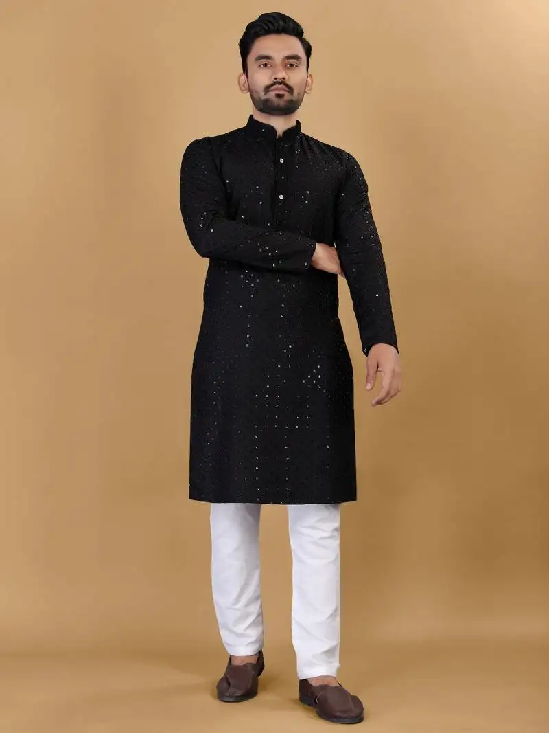 Black chikankari poly rayon straight kurta for men