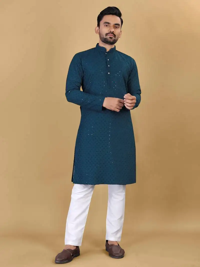 Teal blue chikankari poly rayon straight kurta for men