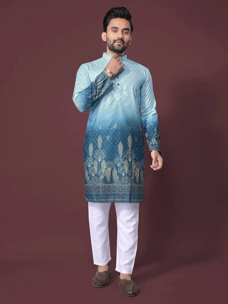 Blue poly rayon crochet printed kurta for men