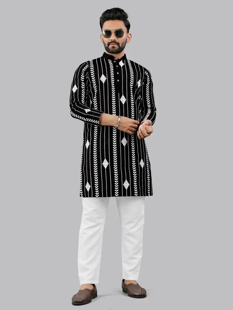 Black embroidery silk kurta for men