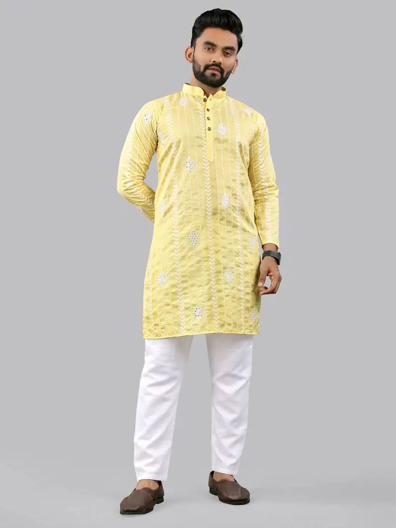 Yellow embroidery silk kurta for men