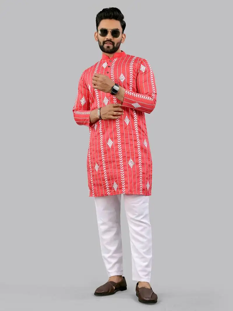 Pink embroidery silk kurta for men
