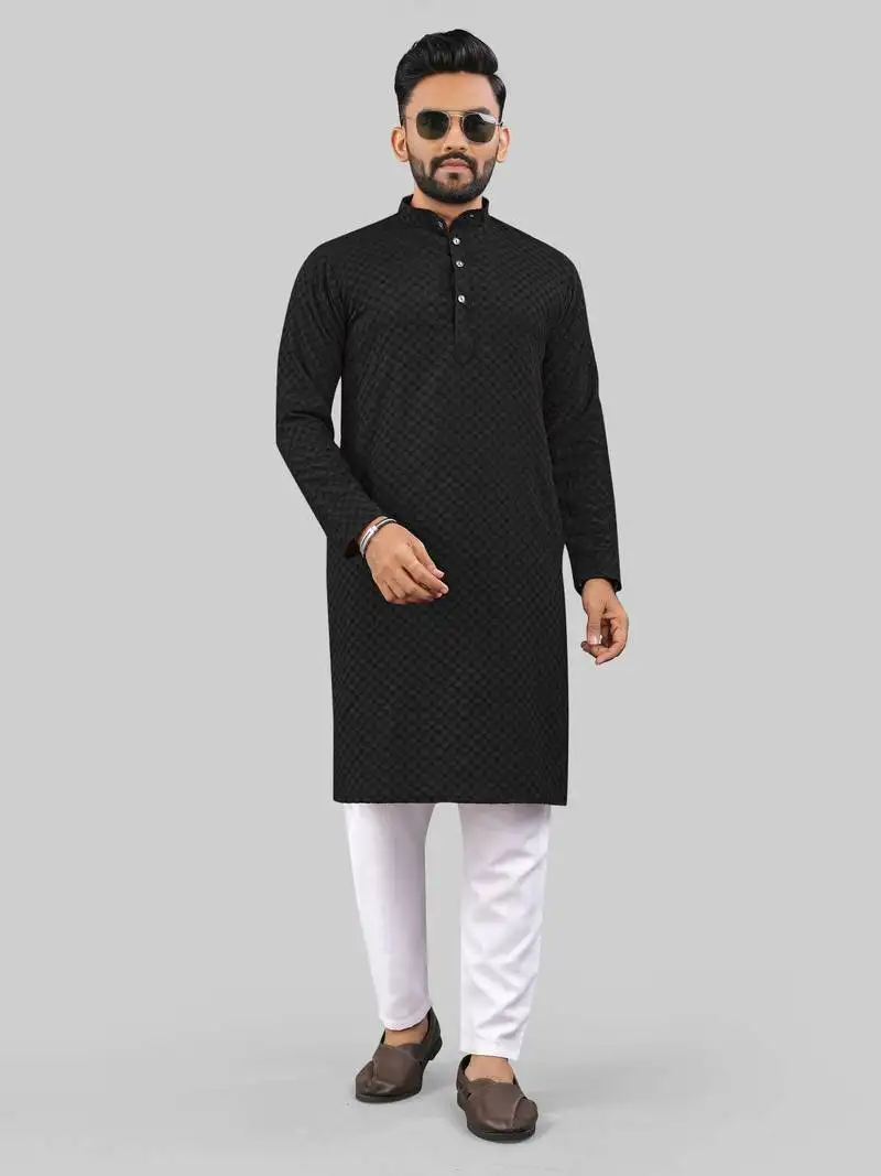 Black jecquard polyster kurta for men