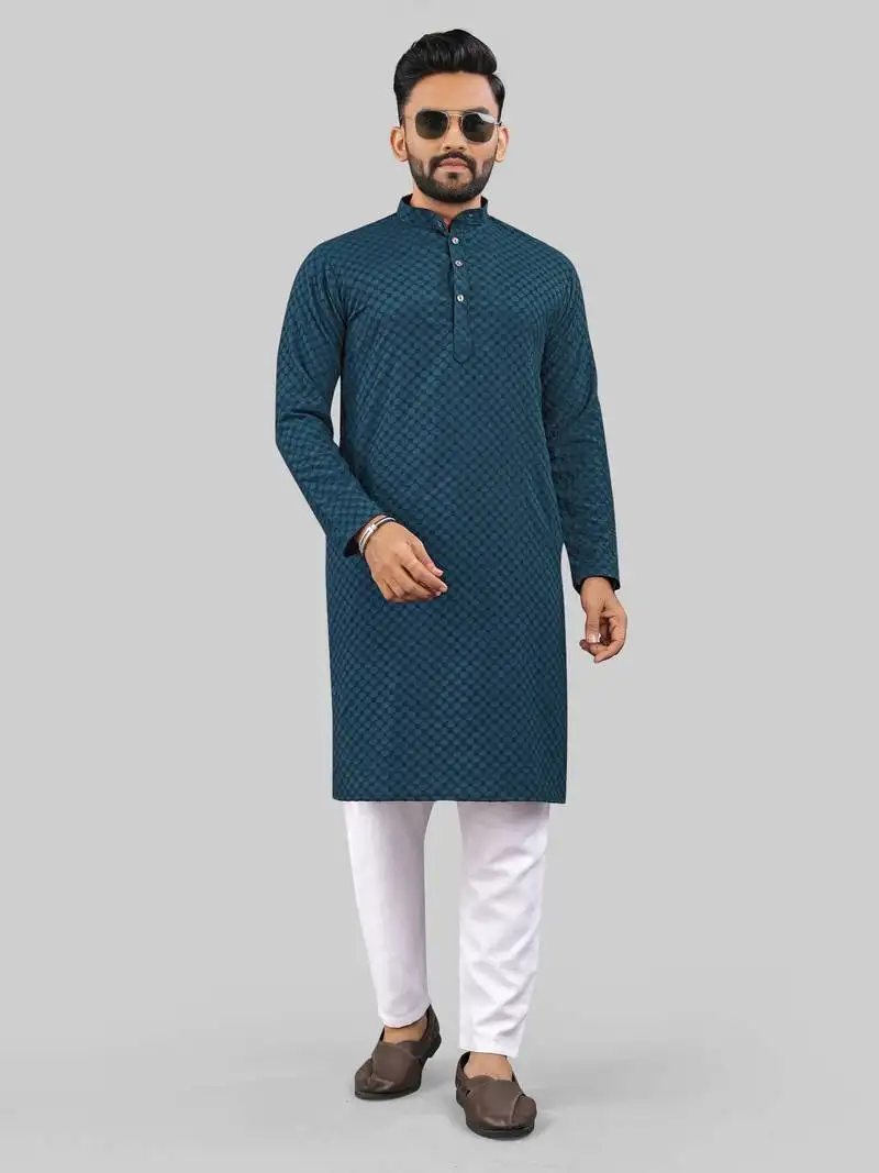 Teal blue jecquard polyster kurta for men