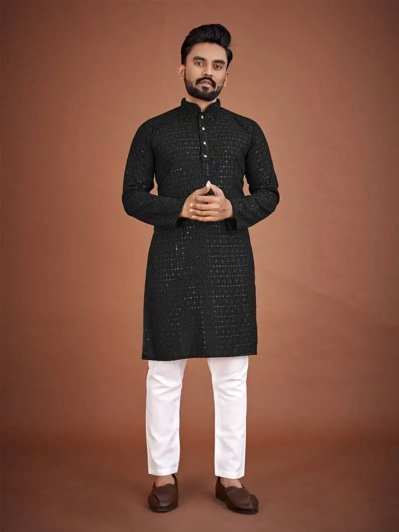 Black chikankari rayon straight kurta for men