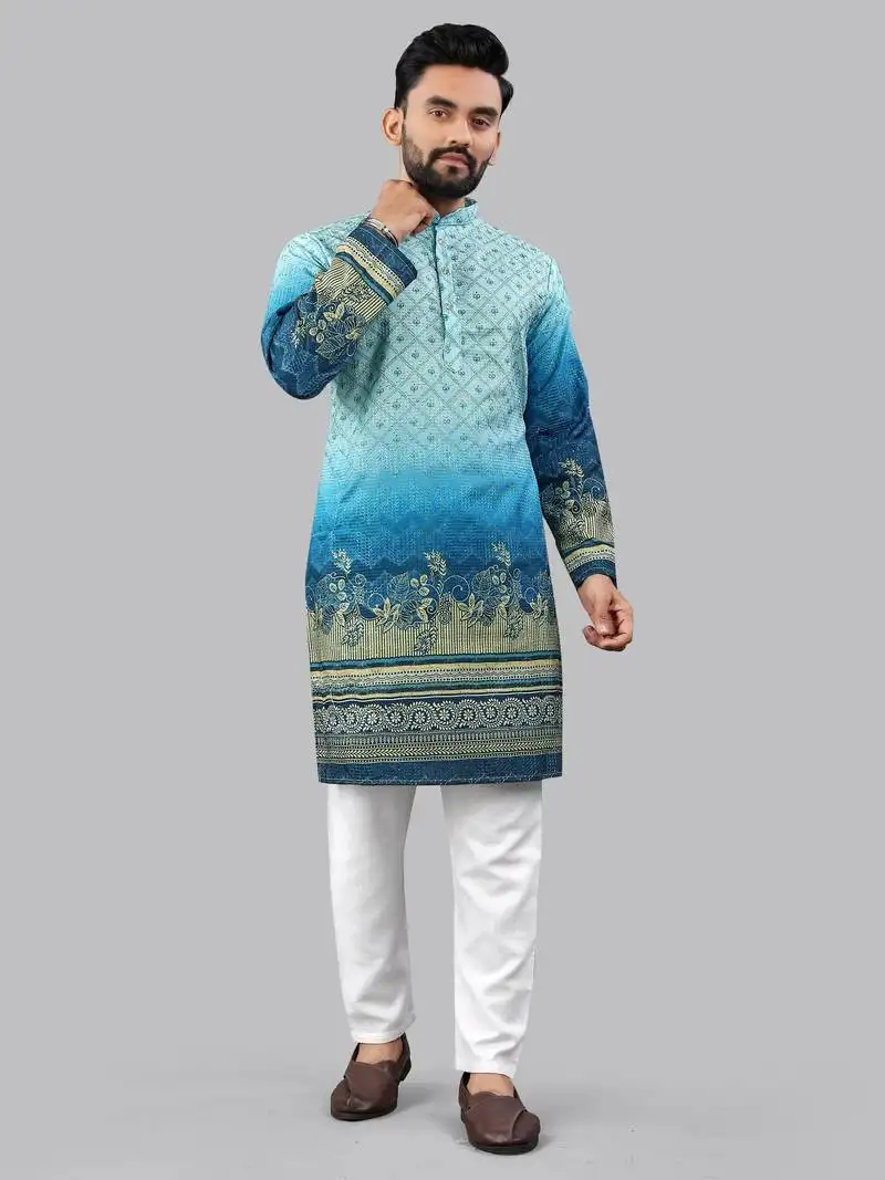 Blue rayon crochet printed kurta for men