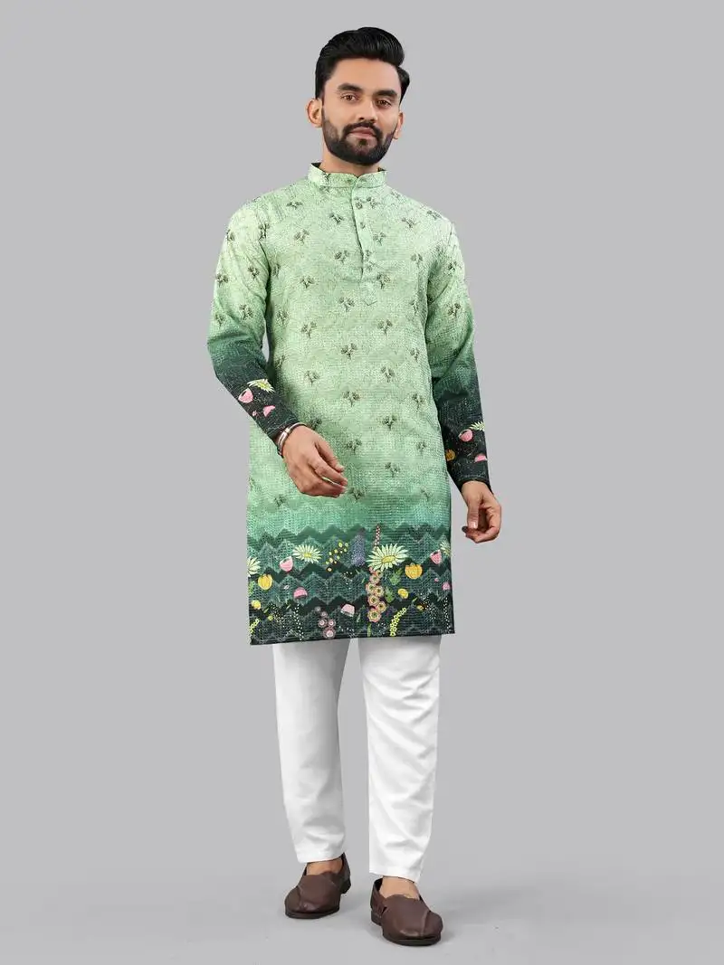 Green rayon crochet floral printed kurta for men