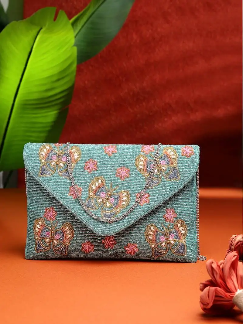 Boho turquoise & multi quirky embellished satin sling bag