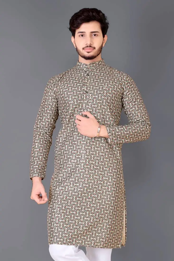 Cream rayon crochet printed kurta for men