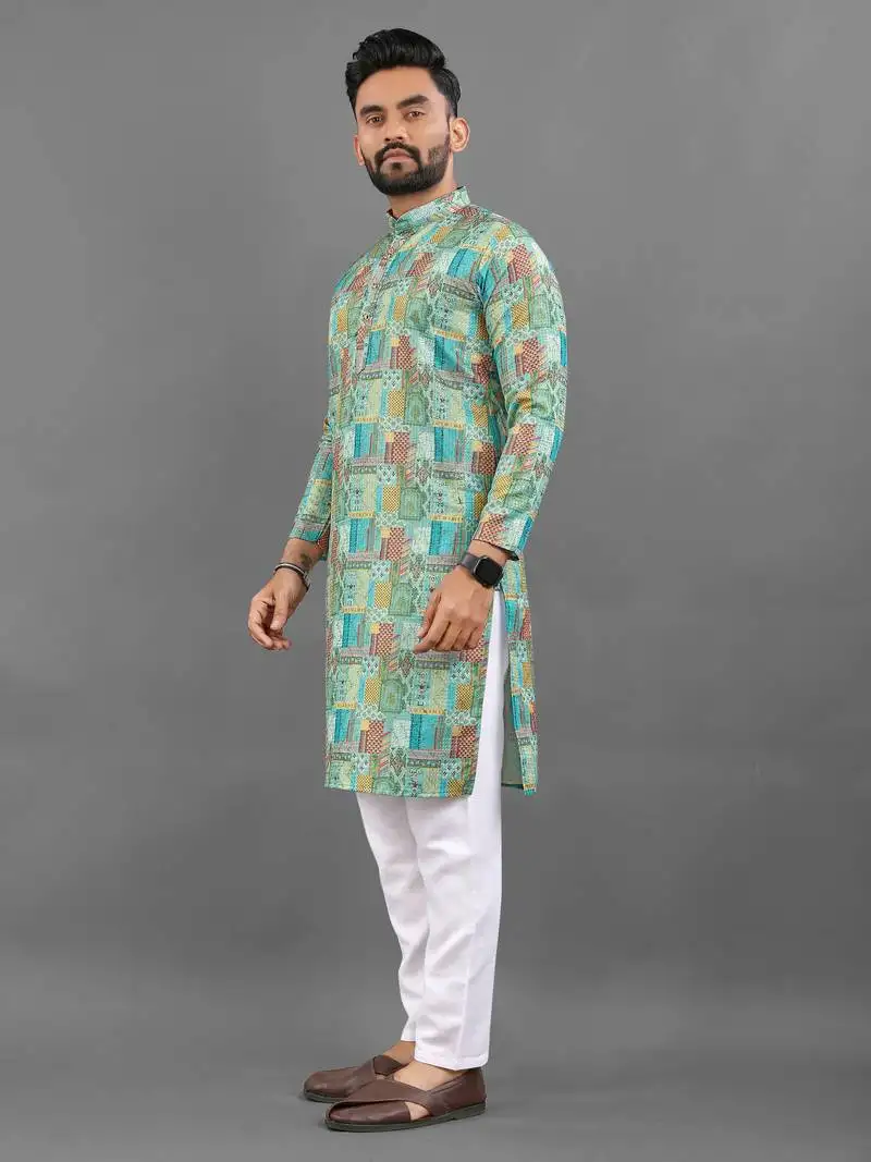 Multicolour rayon crochet printed kurta for men