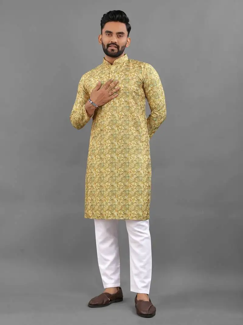 Yellow rayon crochet printed kurta for men