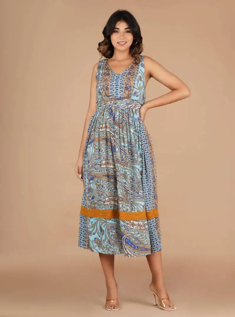 Sky-blue printed linen blend kerry printed long dresses stitched