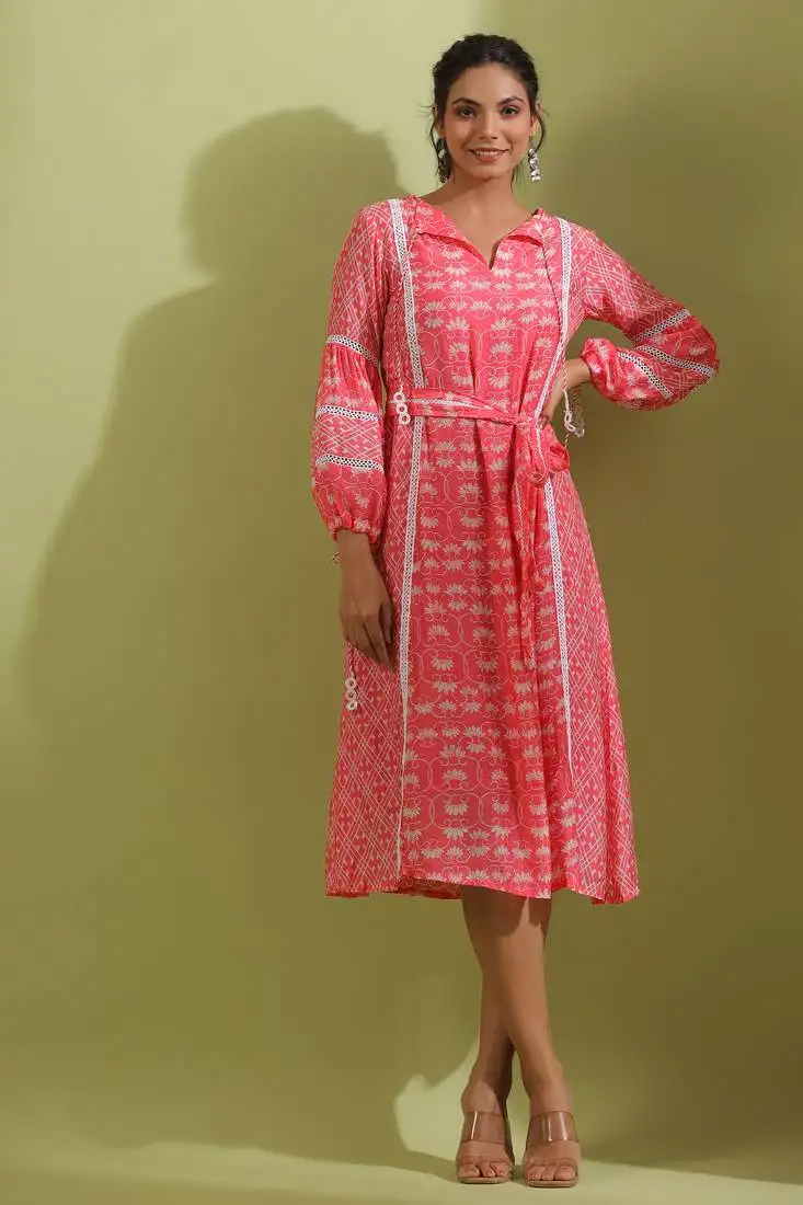 Pink printed cotton neeti candy long dresses stitched
