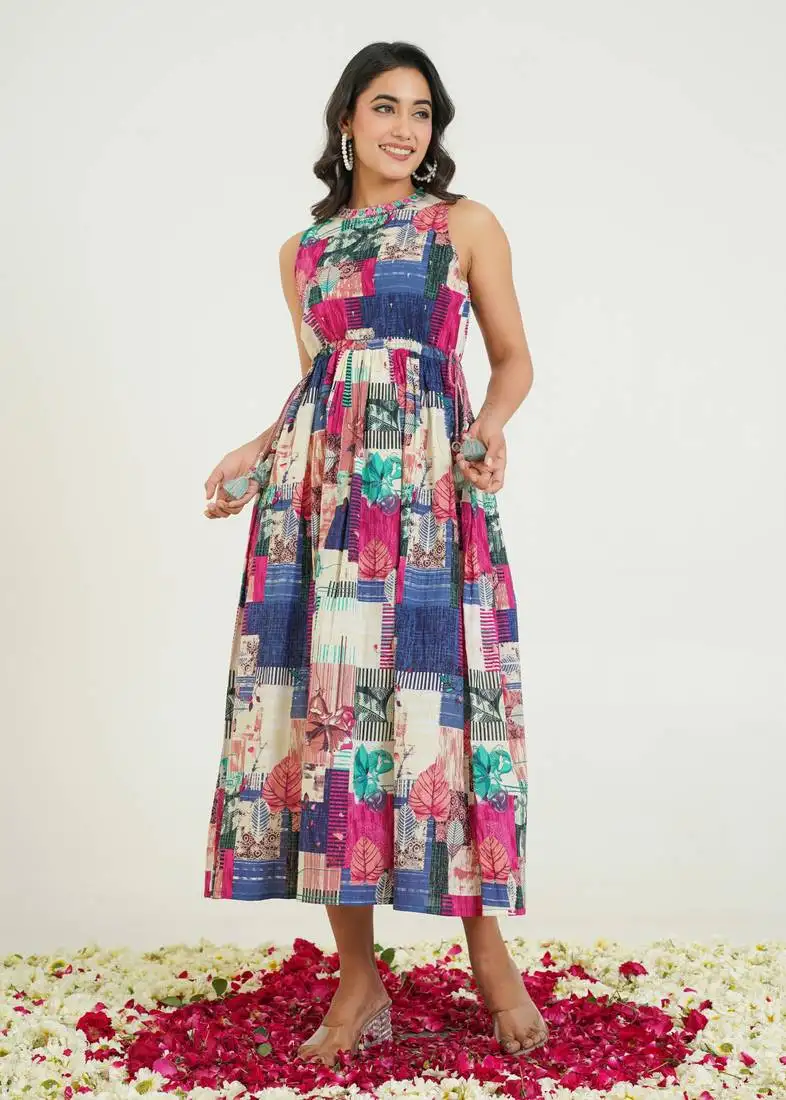 Multicolor printed cotton trinity vibe midi dresses stitched