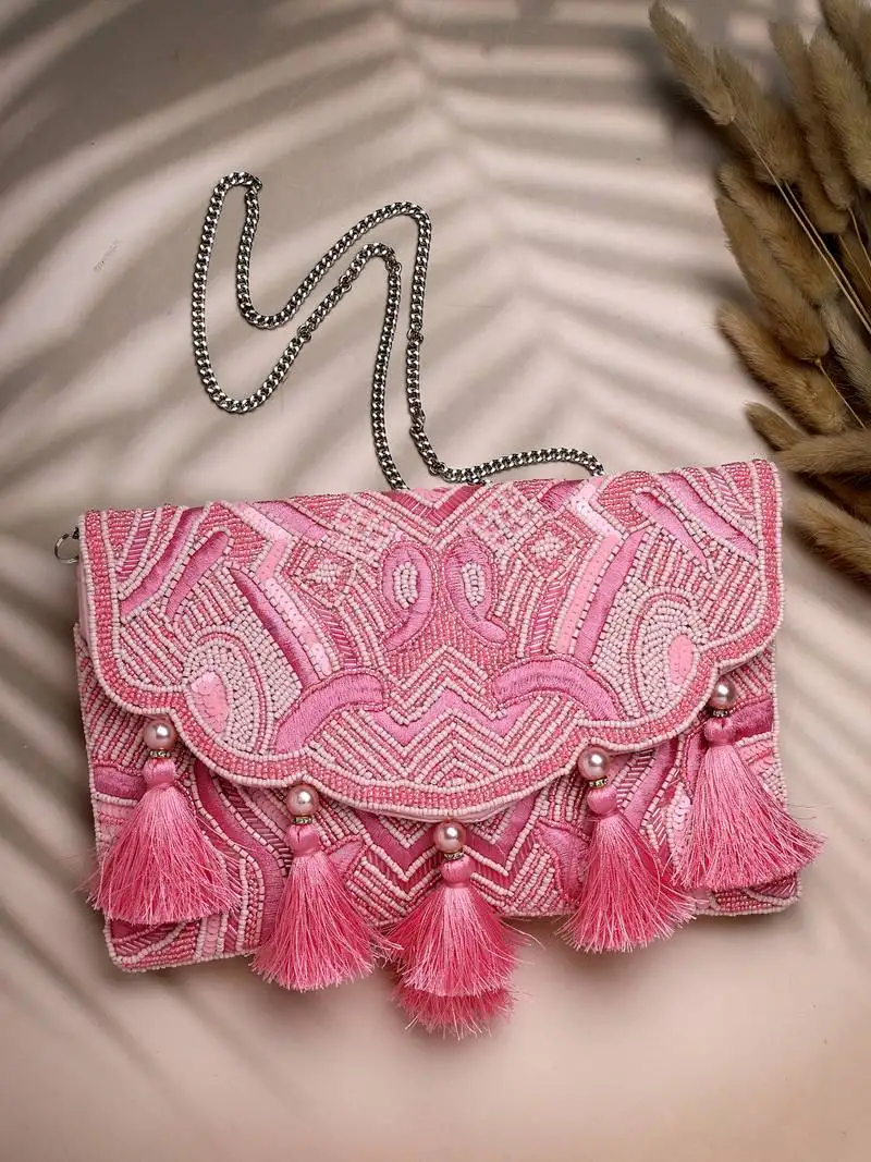 Boho pink abstract embellished satin sling bag