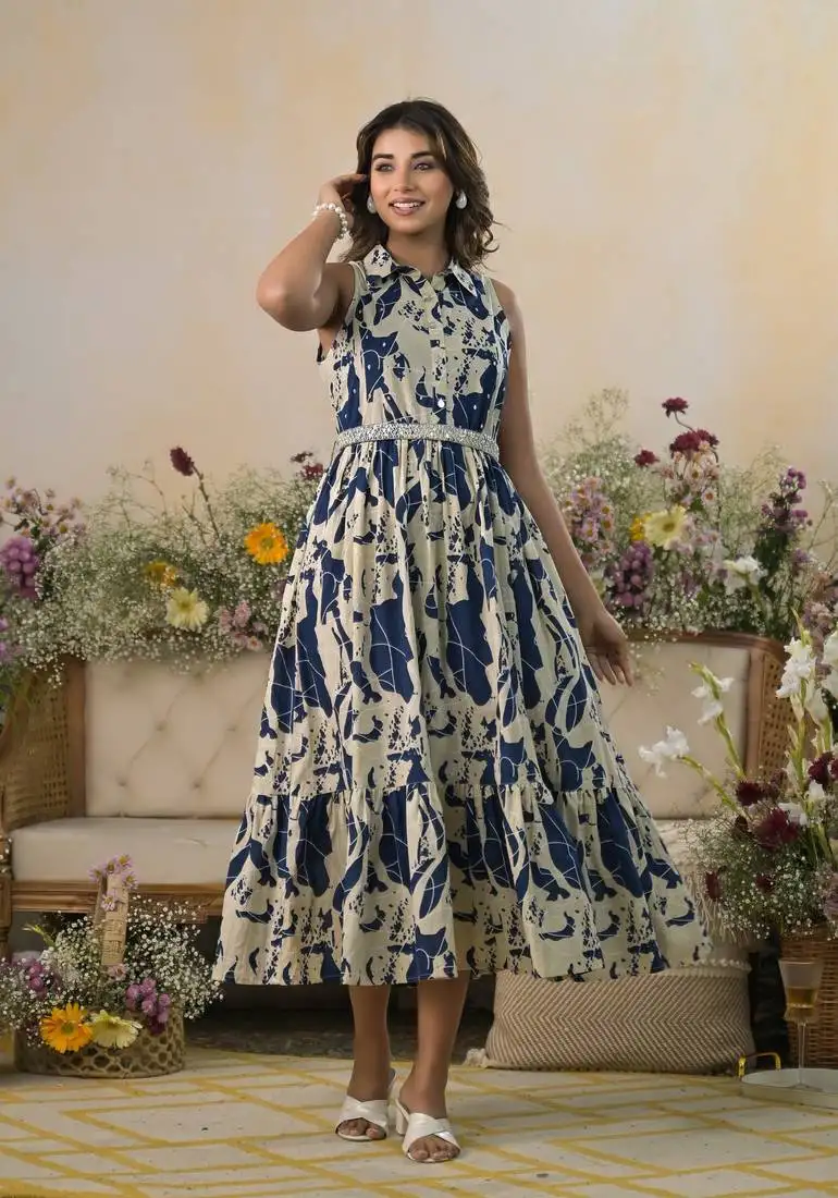 Blue printed cotton trinity indi long dresses