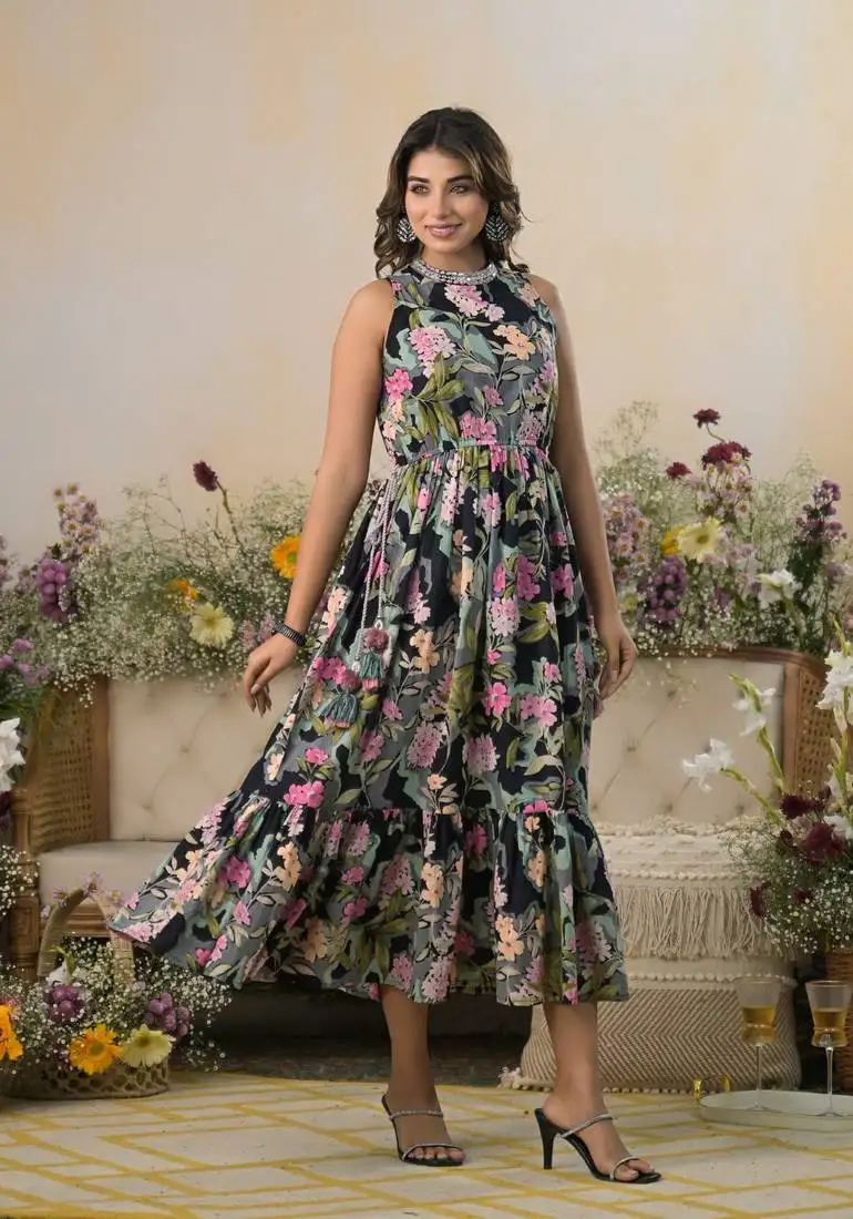 Black printed cotton trinity jade midi dresses stitched