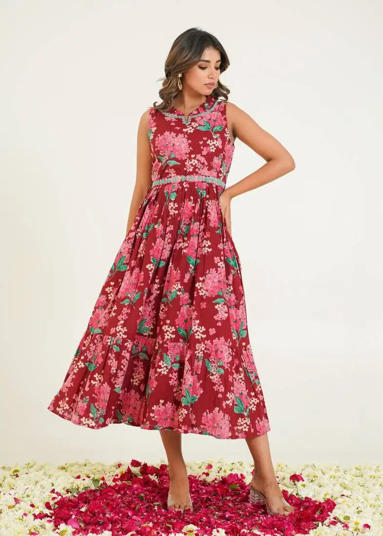 Maroon printed cotton trinity vermi midi dresses stitched