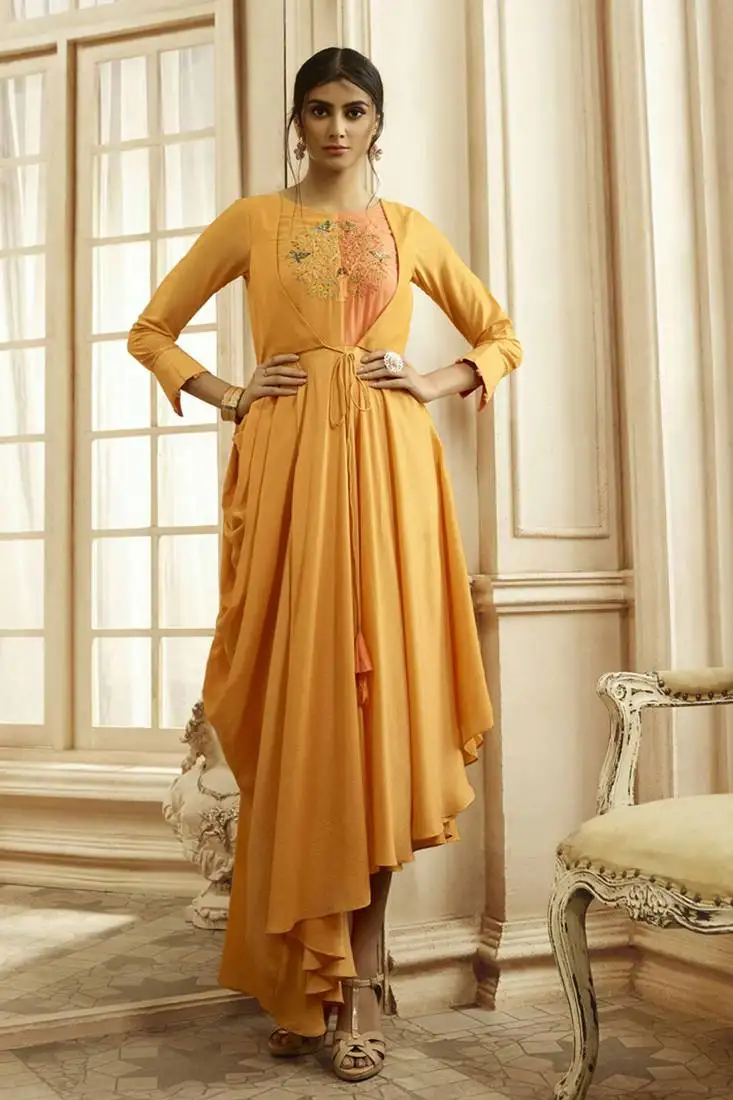 Yellow embroidery zari and diamond work cotton straight kurti