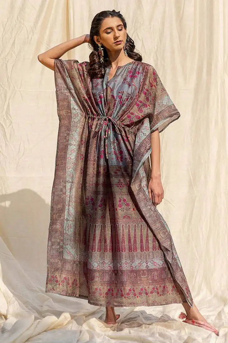 Multi digital print art silk kafftan style kurti-stitched