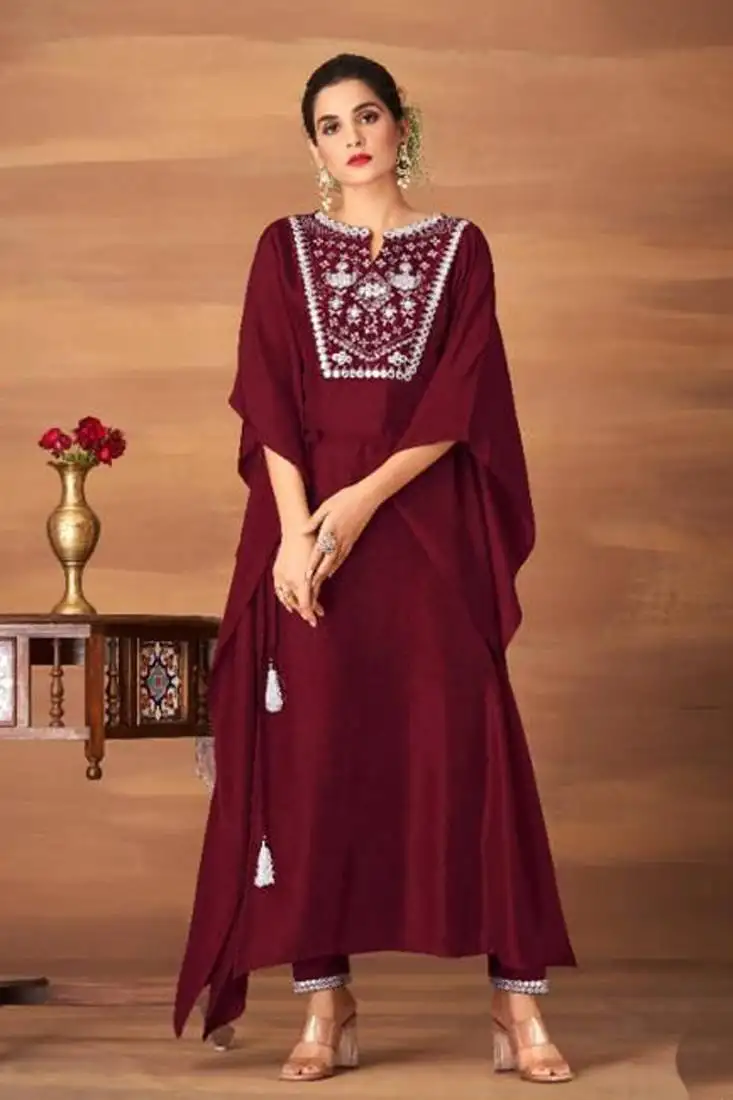 Maroon embroidered work dola silk kaftan kurti pant