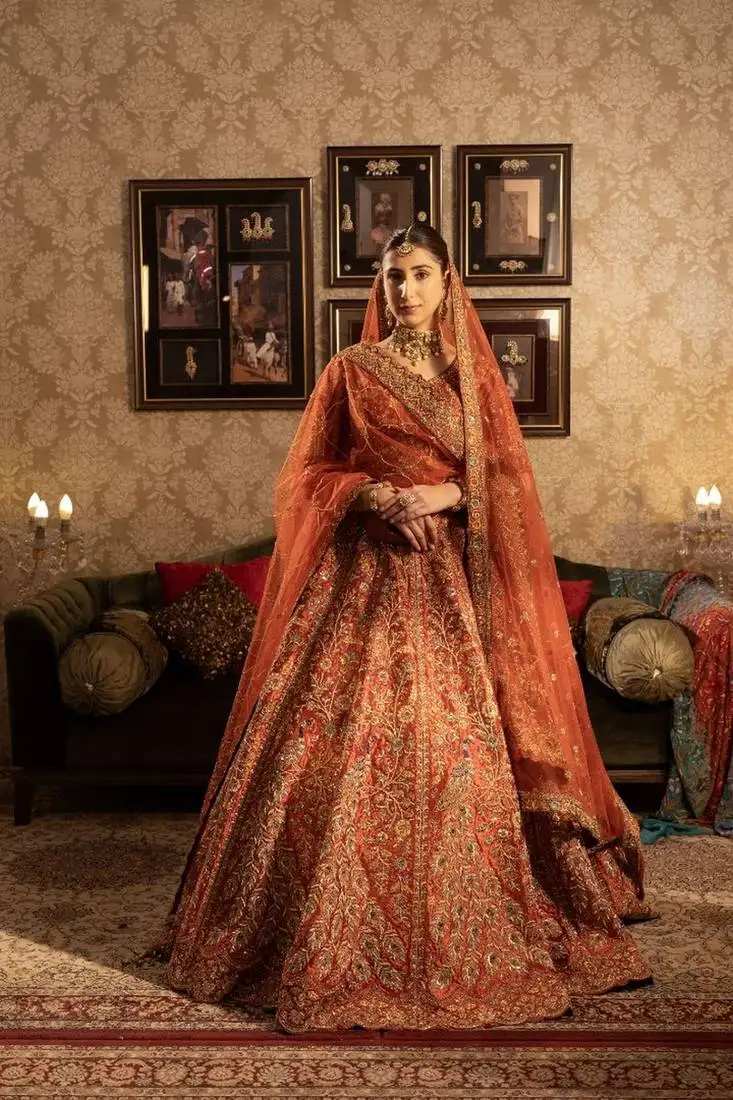 Rust velvet bridal lehenga with peacock motifs and multicoloured embroidery