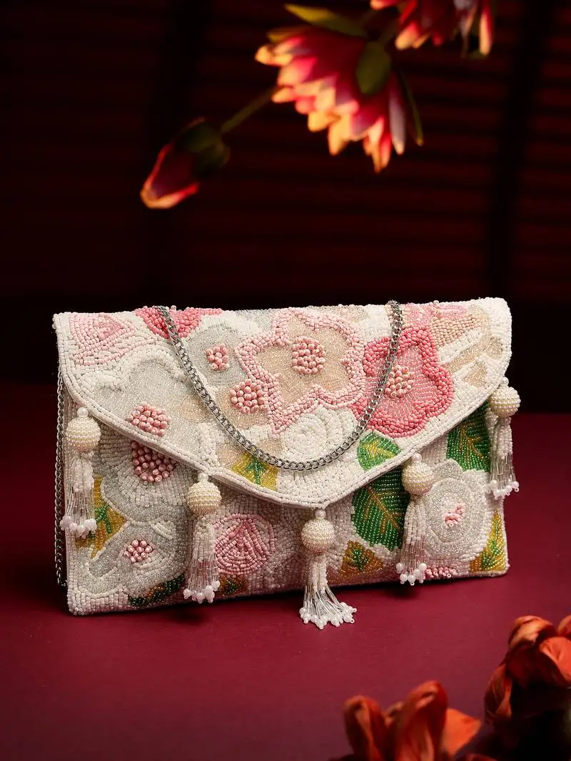 White & multi floral embellished cotton canvas sling bag