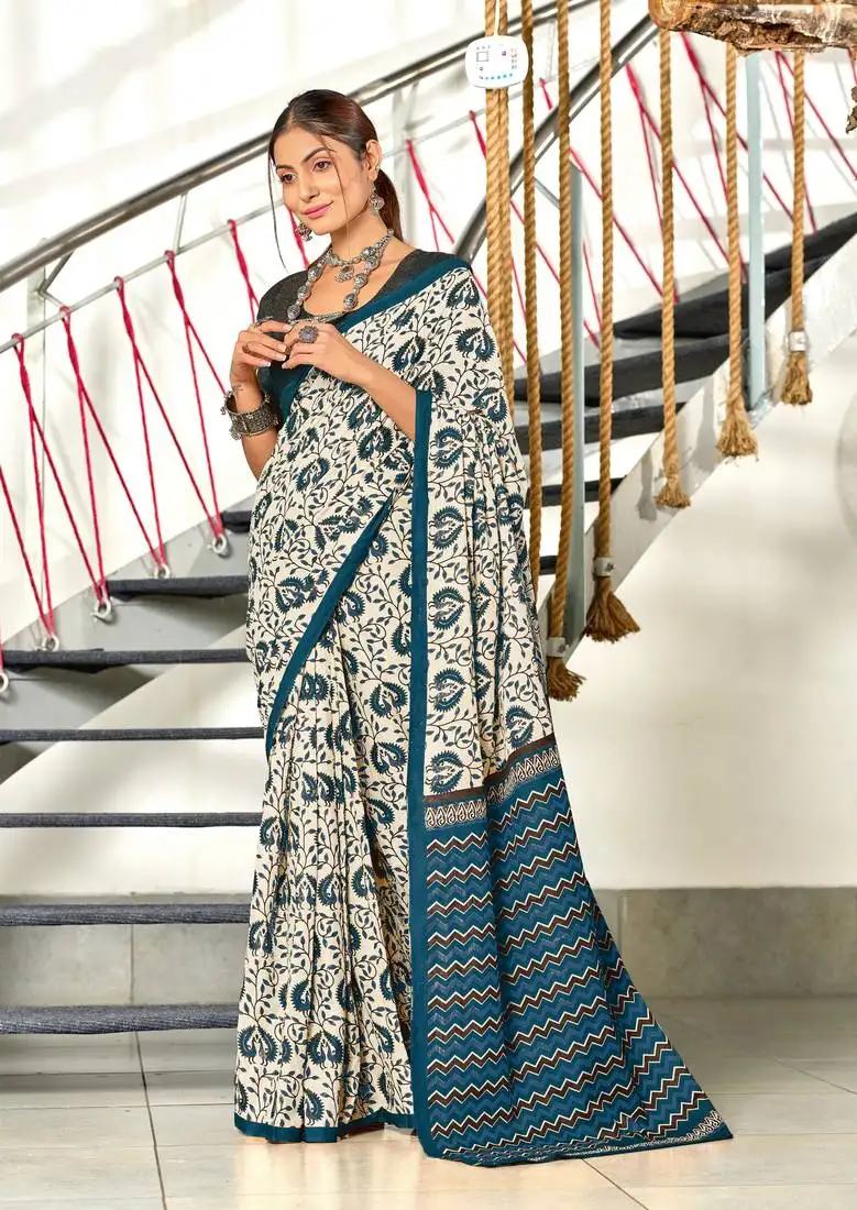Teal mulmul cotton hand block printed saree with printed blouse piece