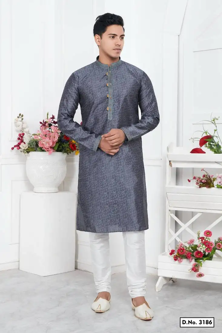Men grey jacquard silk brocade straight kurta without lining