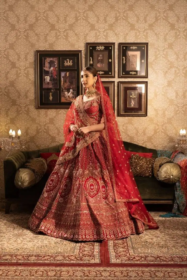 Red bridal lehenga with cutdana design