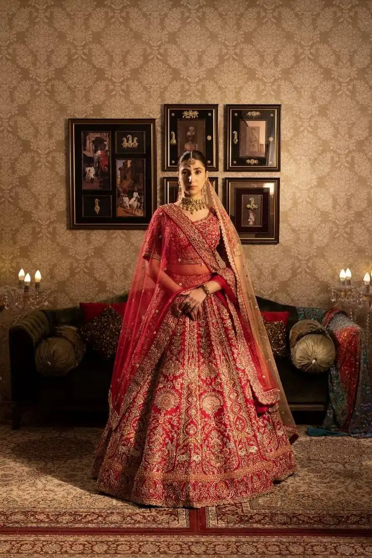 Red silk bridal lehenga with sequins and cutdana embelishment