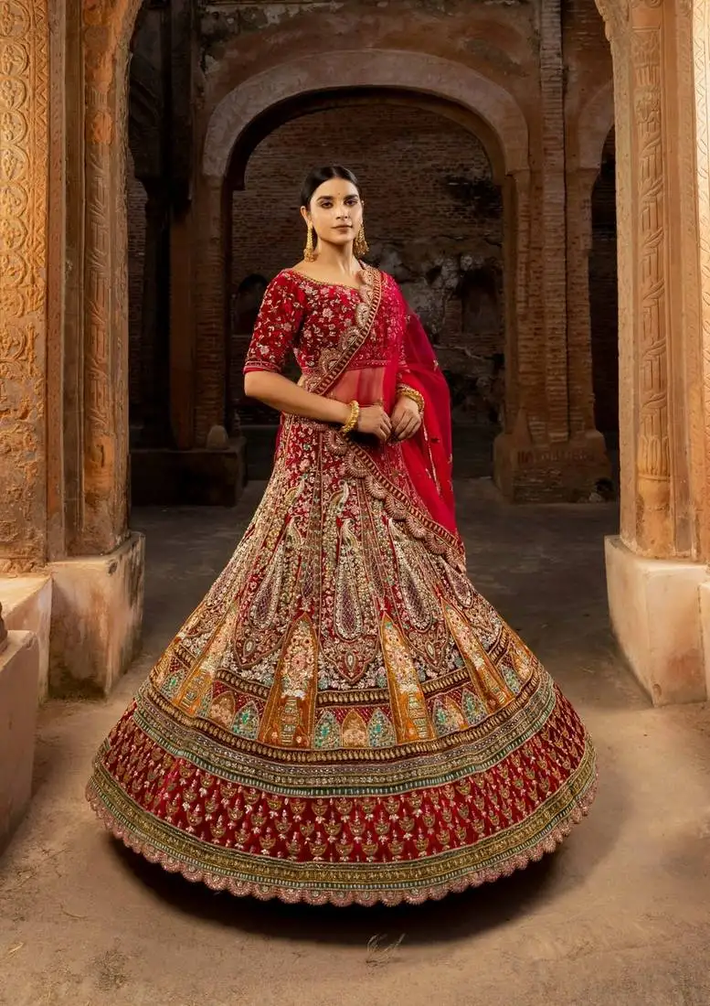 Red velvet bridal lehenga with multi-color embroidery