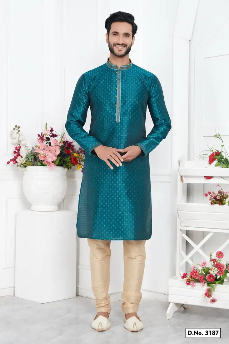 Men teal green jacquard silk brocade straight kurta without lining