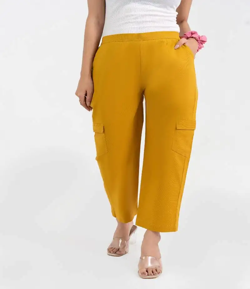 Mustard cotton solid cargo pant