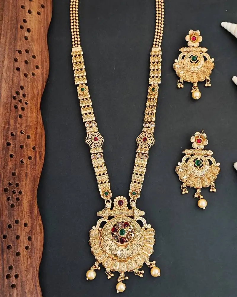 Rajwadi polishing antique gold plated long necklace set with red & green stones, and matching earrings