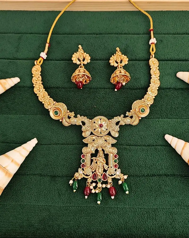 Temple rajwadi polish full stone necklace set with deity pendant and jhumka earrings - indian festive jewelry.