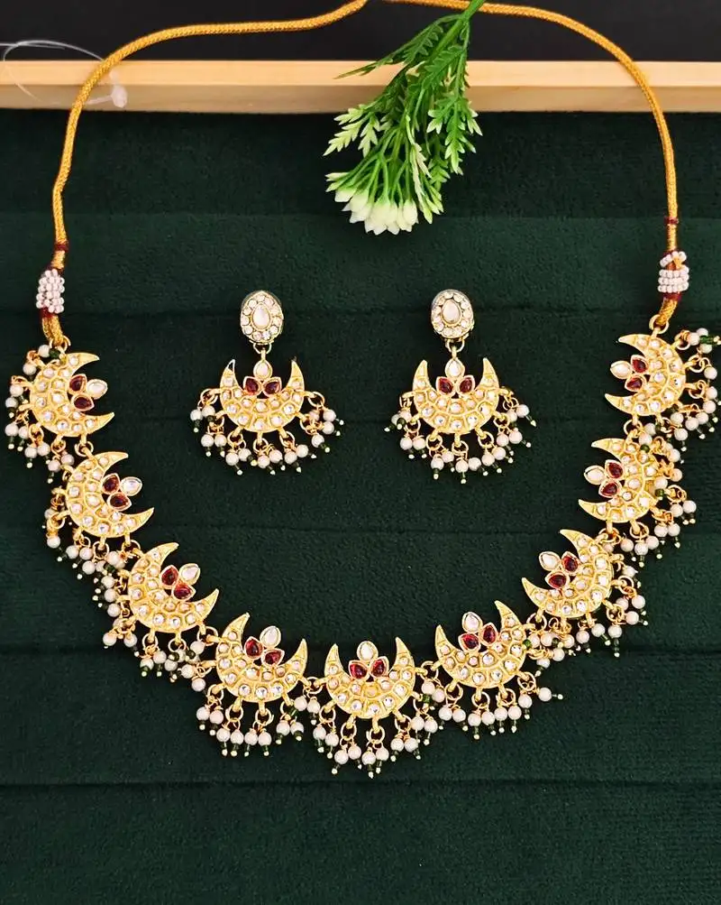 Gold plated crescent moon necklace set with red cz stones & pearls - elegant festive and wedding jewelry for women