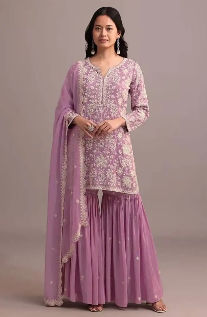 Lavender georgette semi stitched gharara suits